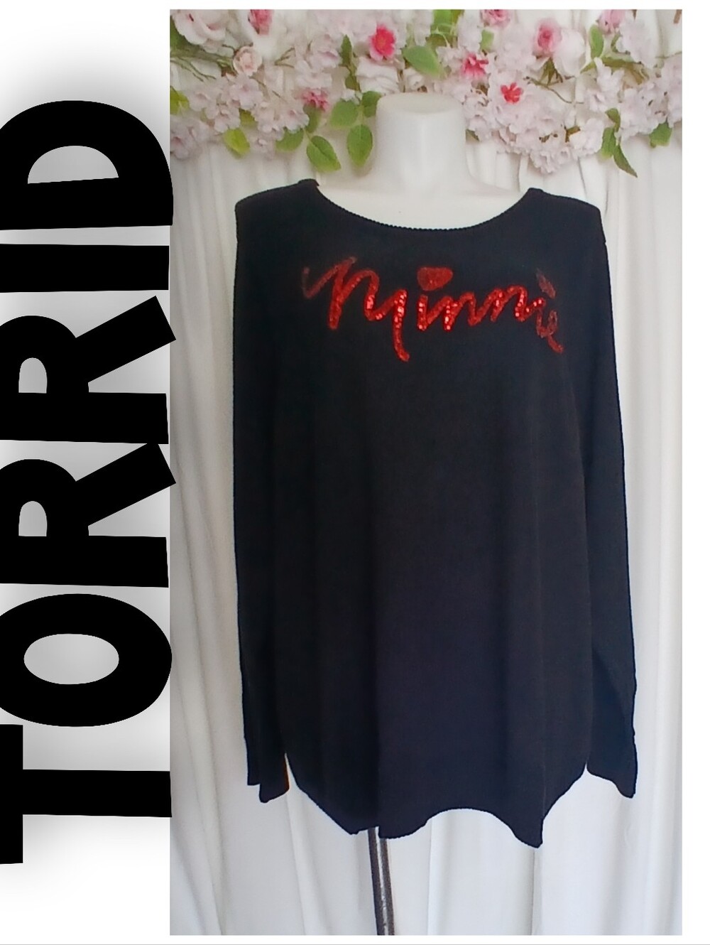 TORRID Black Sweater Top with Red Sequin 'Minnie' Script Size X6